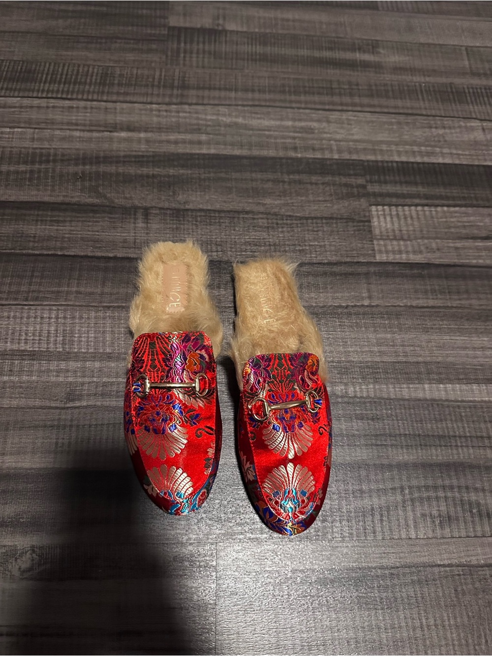 Red Floral Embroidered Faux-Fur Mule Slippers - Women's